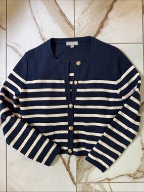 NWOT J. Crew Navy and Cream Striped Gold-Button Cardigan